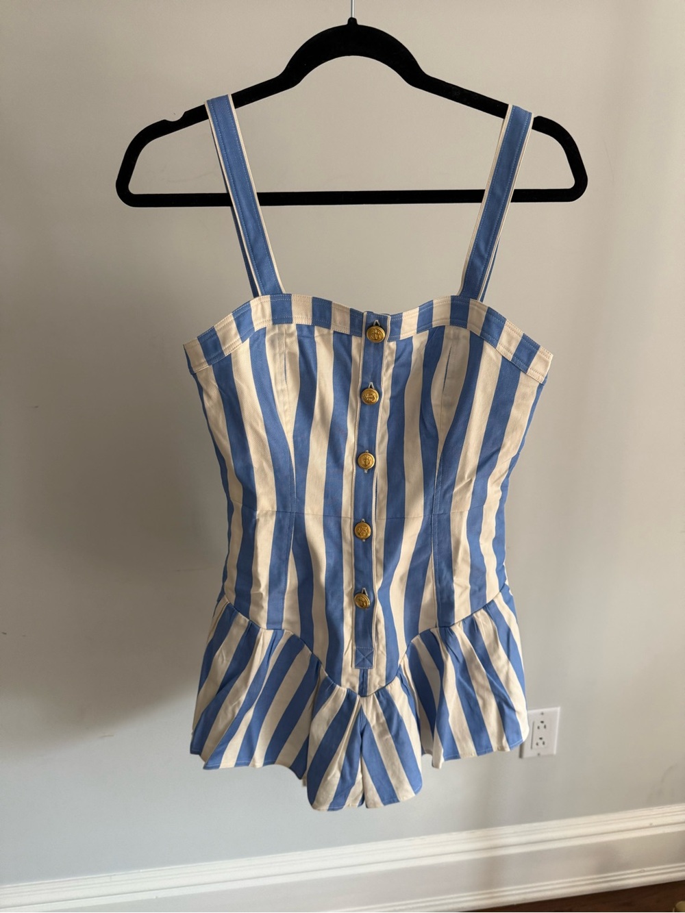 SAYLOR Blue and White Striped Button Front Romper- NEW